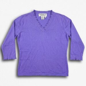 Joseph A. Purple Silk Blend Lettuce Trim V-Neck Sweater 3/4 Sleeve Womens Medium
